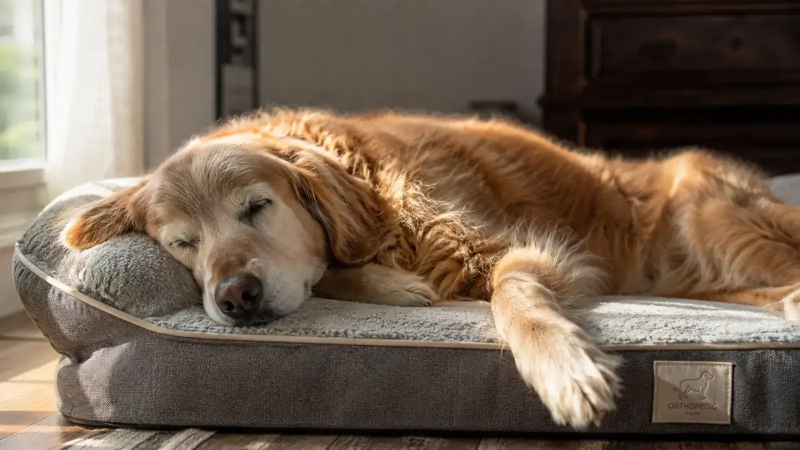 Large mixed-breed dog sleeping deeply on a thick memory foam orthopedic dog bed in a sunny living room