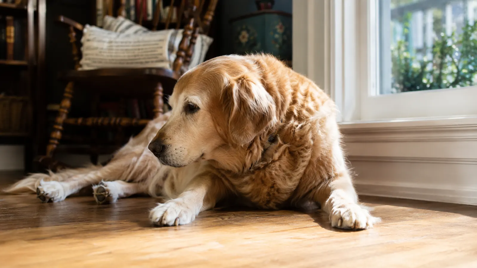 Senior beagle resting on a porch step in soft morning light, looking calm but tired