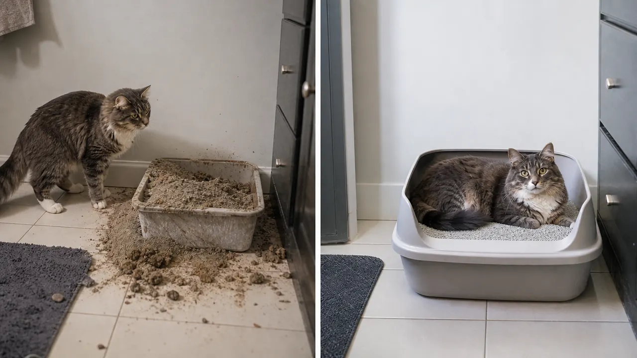 Two cats at separate litter boxes placed in different corners of a room