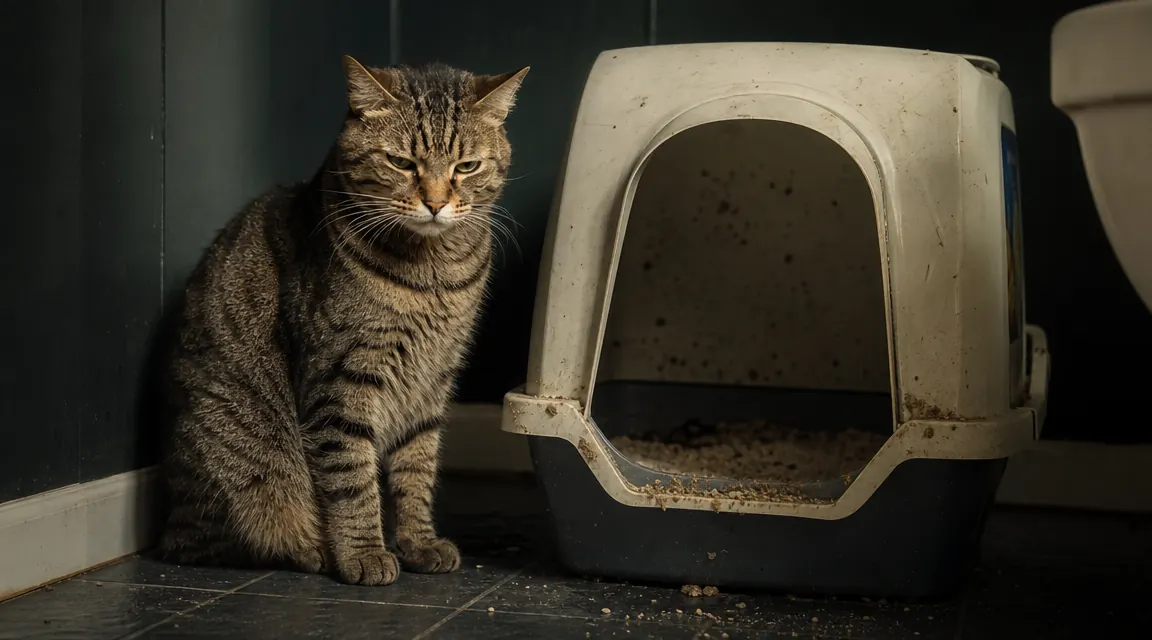 Gray tabby cat sitting beside a large open litter box on a laundry room floor
