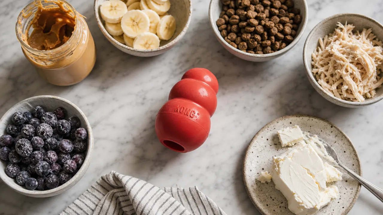 KONG Classic dog toy stuffed with peanut butter sitting on a kitchen counter next to a jar of peanut butter and a spoon