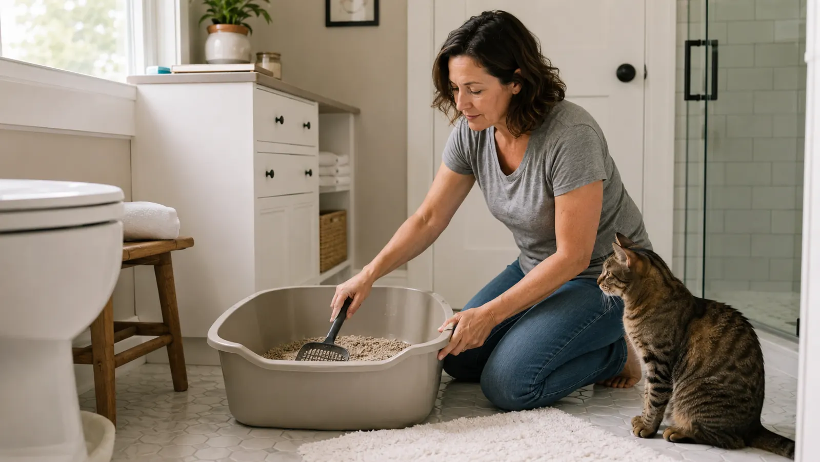 Gray tabby cat sitting beside an open litter tray on a laundry room floor with scattered litter visible