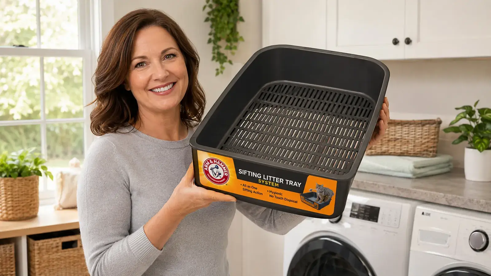 Hand lifting the sifting tray insert out of the Arm and Hammer litter box over a kitchen trash bag