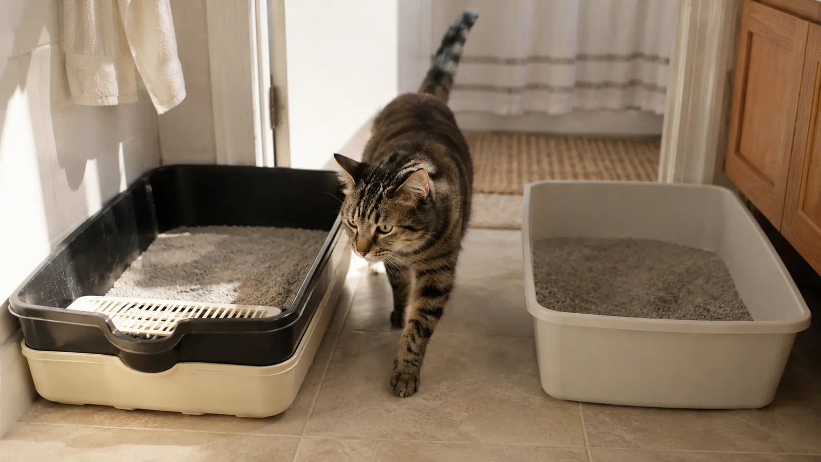 Two open litter boxes side by side on a laundry room floor, one a low sifting tray and one a high-sided box, with a tabby cat nearby