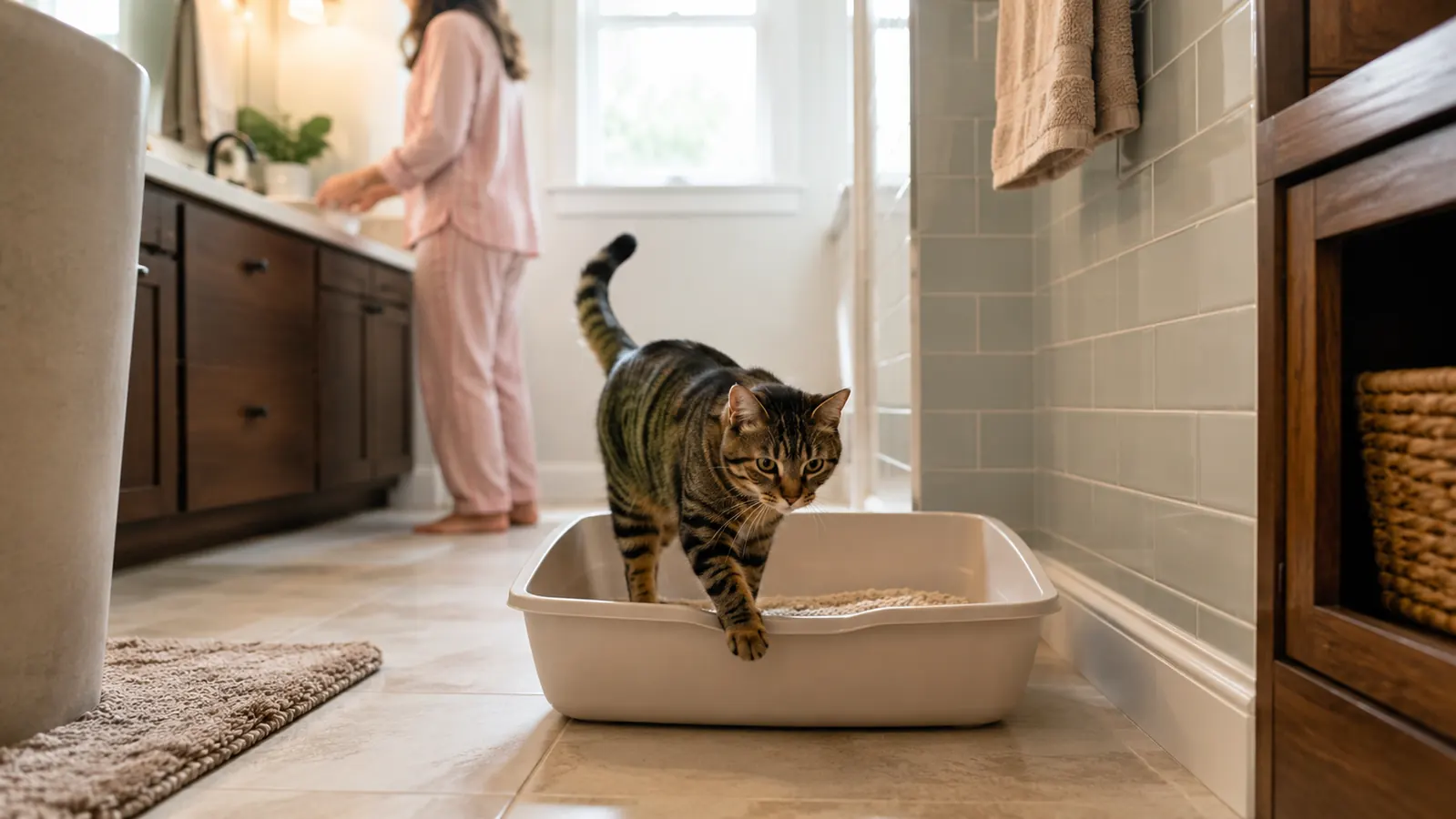 Two cats resting near a clean open litter box in a bright laundry room