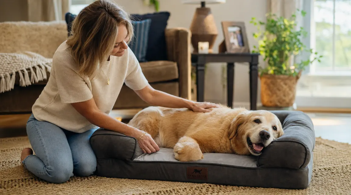 Large Rhodesian Ridgeback dog stretched across a gray orthopedic dog bed near a window, looking relaxed