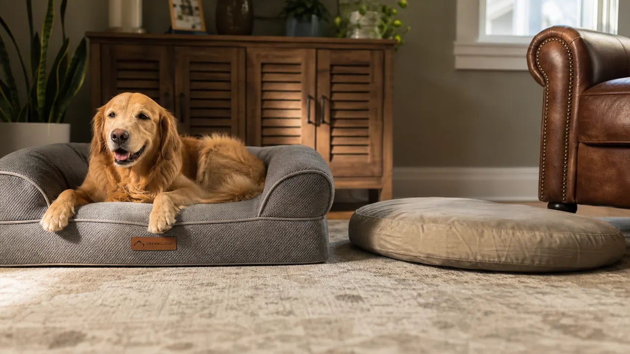 Large mixed-breed dog sleeping stretched out on a rectangular orthopedic dog bed in a bright living room