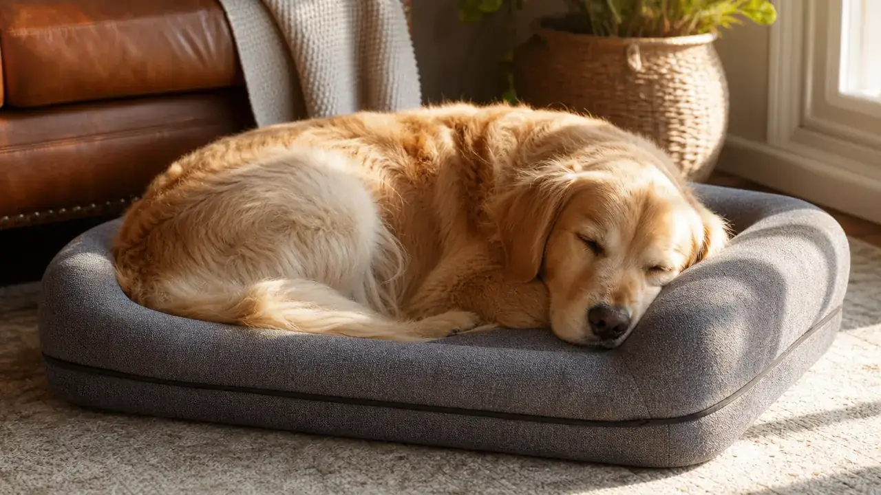 Large mixed-breed dog sleeping stretched out on a gray orthopedic dog bed in a sunlit living room