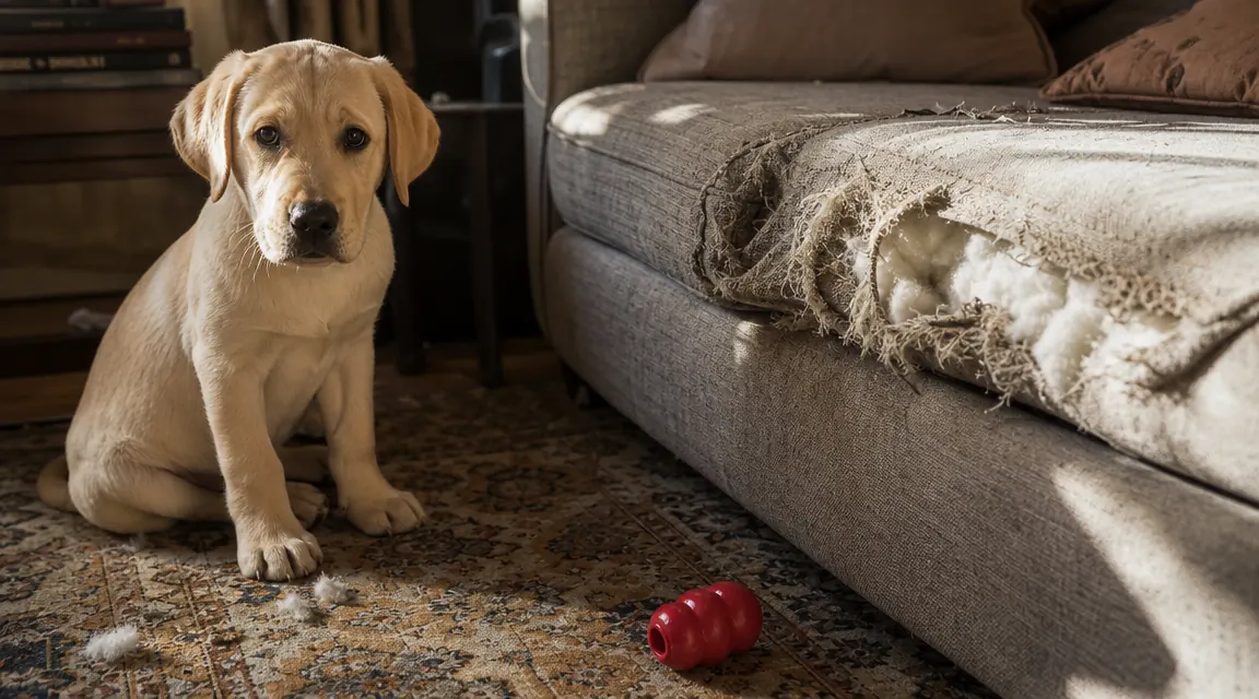 Yellow Lab puppy lying on a kitchen floor chewing a red KONG toy, morning light through a window behind him