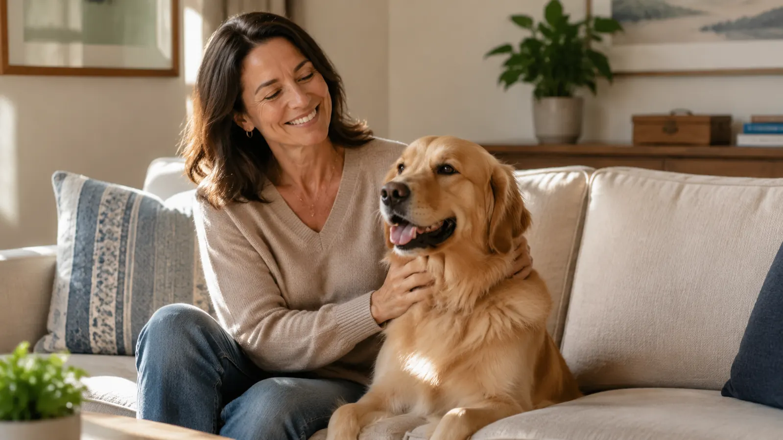 Golden mixed-breed dog sitting on a clean light-colored couch in a sunny living room