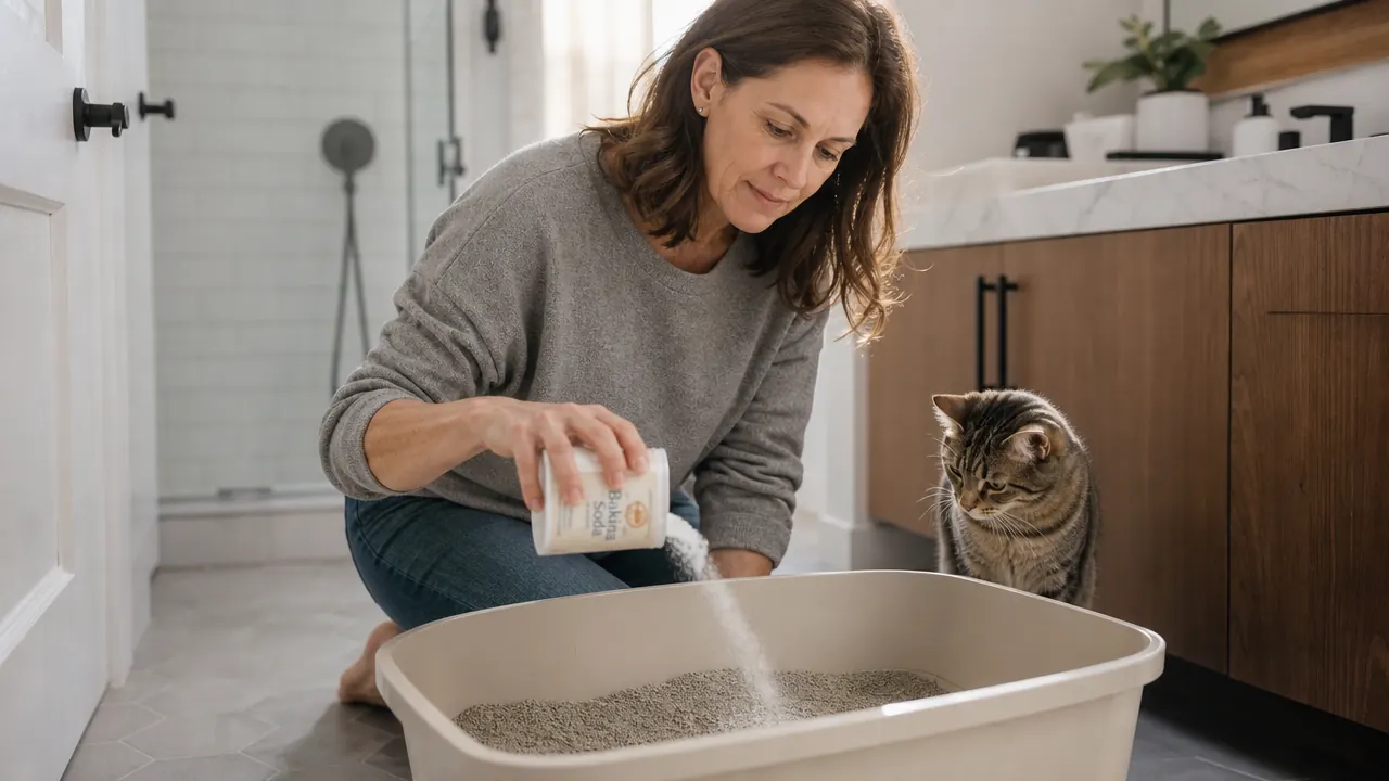 Clean modern laundry room with a cat litter tray on a mat in the corner, bright natural light