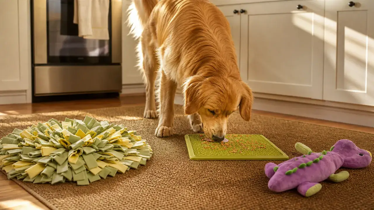 Dog sniffing through scattered kibble pieces hidden in a patch of grass in a backyard