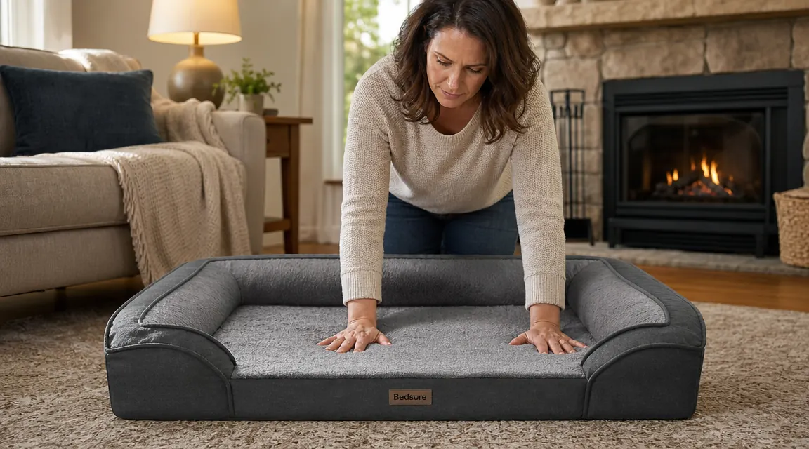 Person pressing down on thick memory foam dog bed to test firmness and ILD density