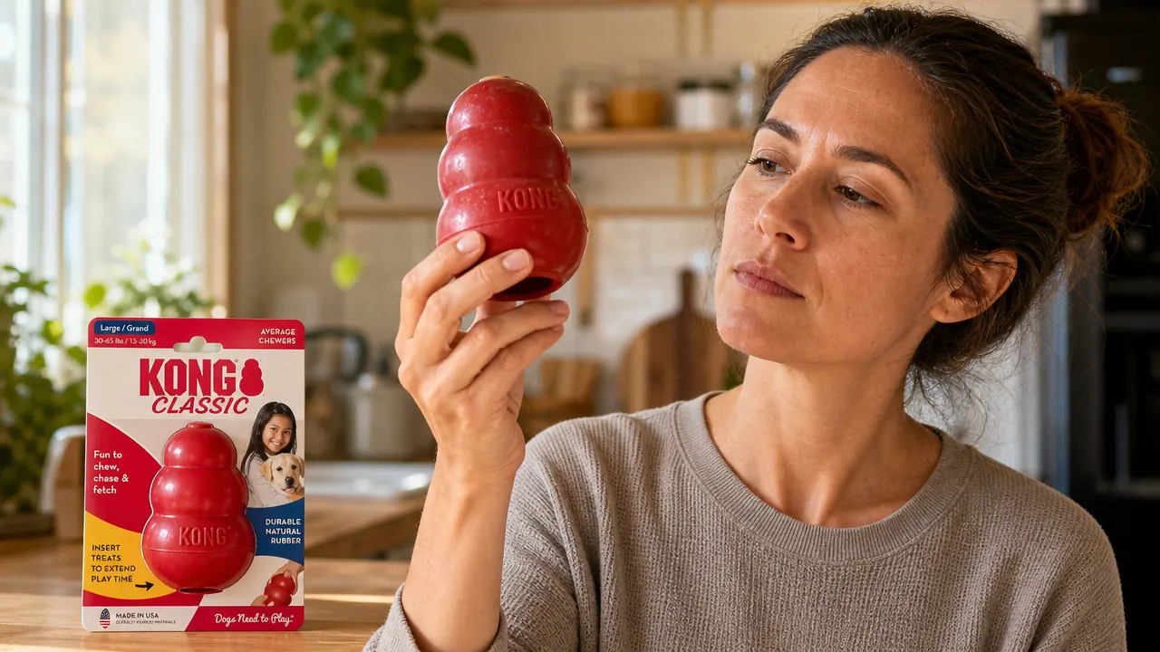 Hands rinsing a KONG toy under a kitchen faucet, peanut butter residue visible on the inner walls