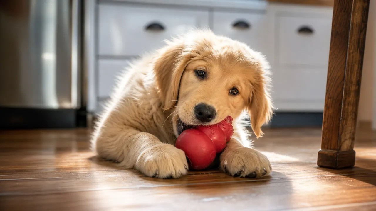 Red KONG Classic toy sitting on a wood floor next to a resting pit bull mix