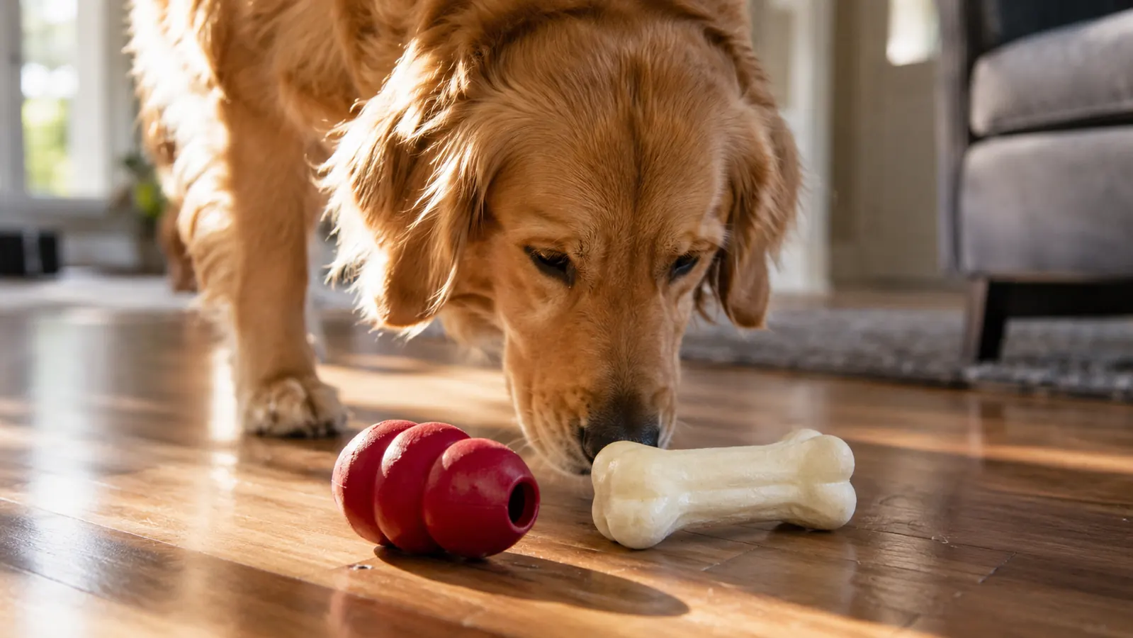 A red KONG Classic dog toy and a white Benebone wishbone chew sitting side by side on a wooden floor