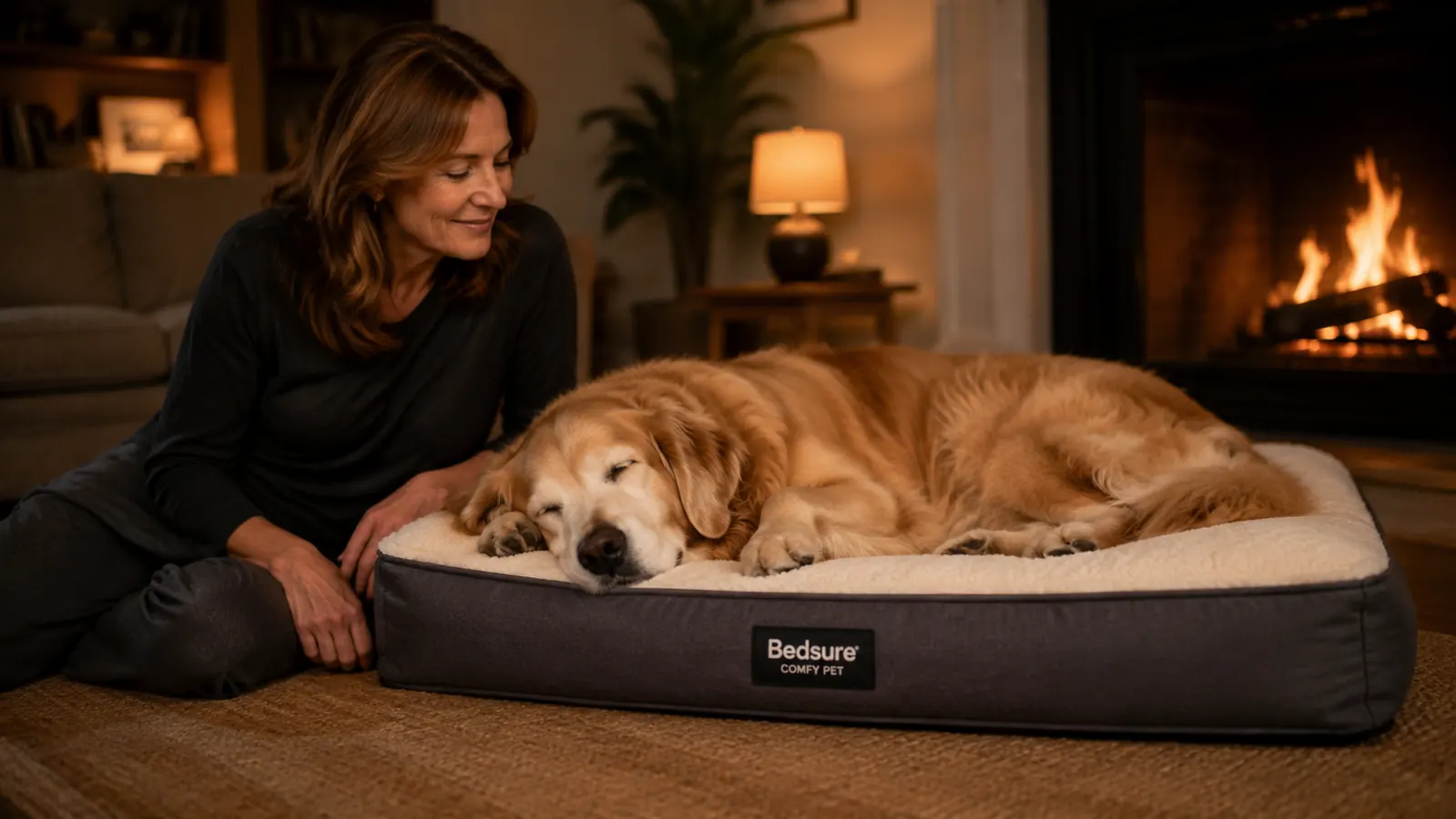Woman placing a large orthopedic memory foam dog bed on a hardwood floor