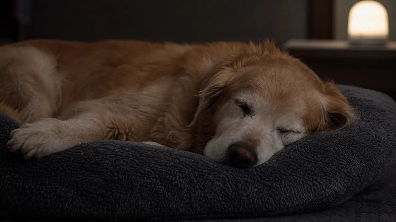 Large senior dog sleeping deeply on a thick memory foam dog bed in a warm living room