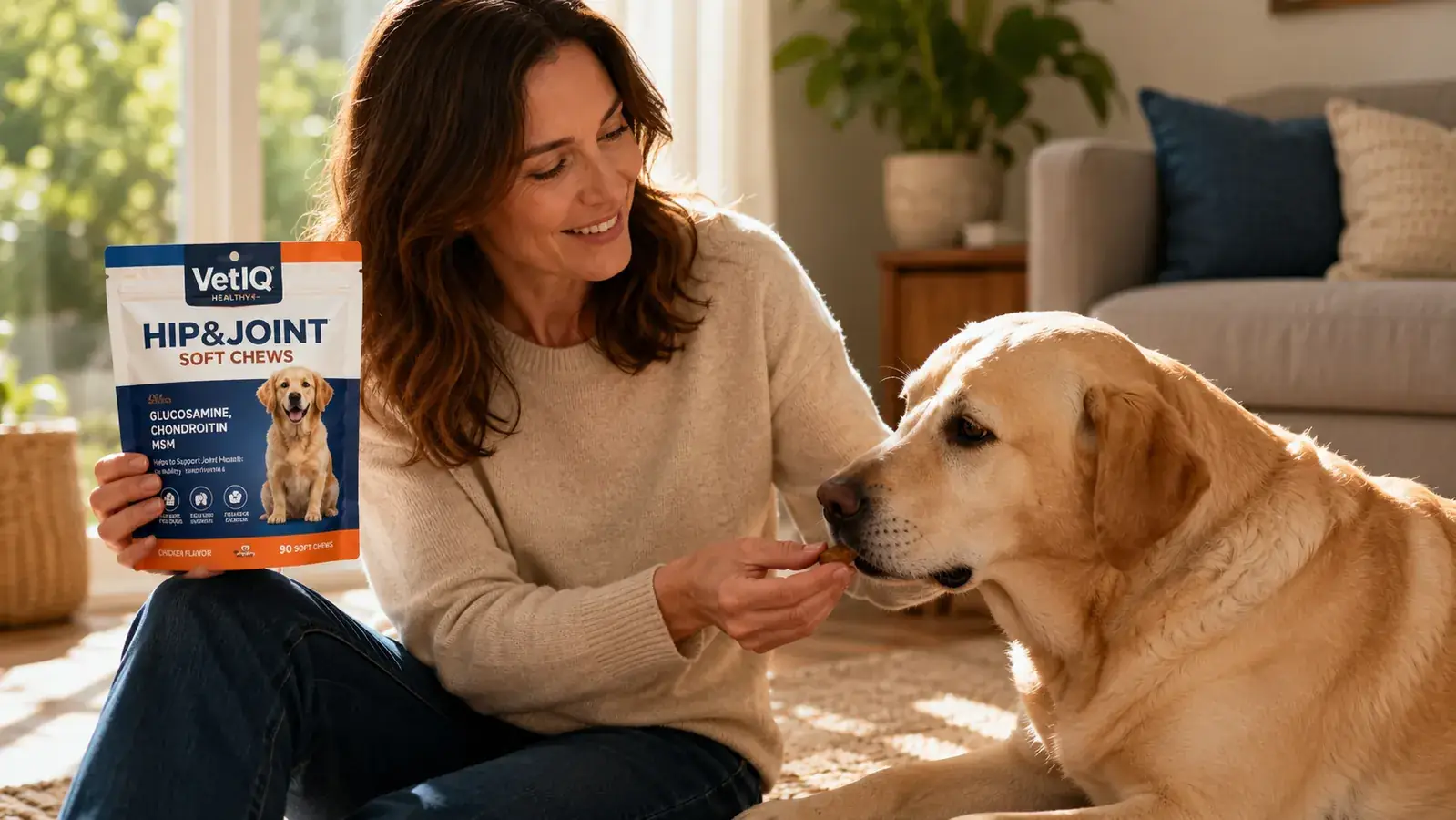 Close-up of VetIQ soft chew supplement resting on an open palm, dog blurred in background on a hardwood floor