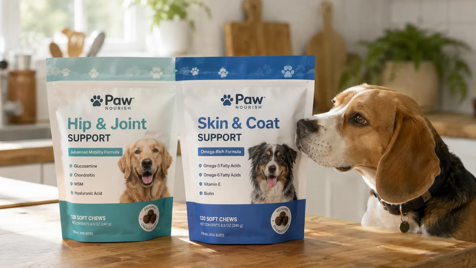 Two jars of dog joint supplement chews side by side on a kitchen counter with a senior beagle resting in the background