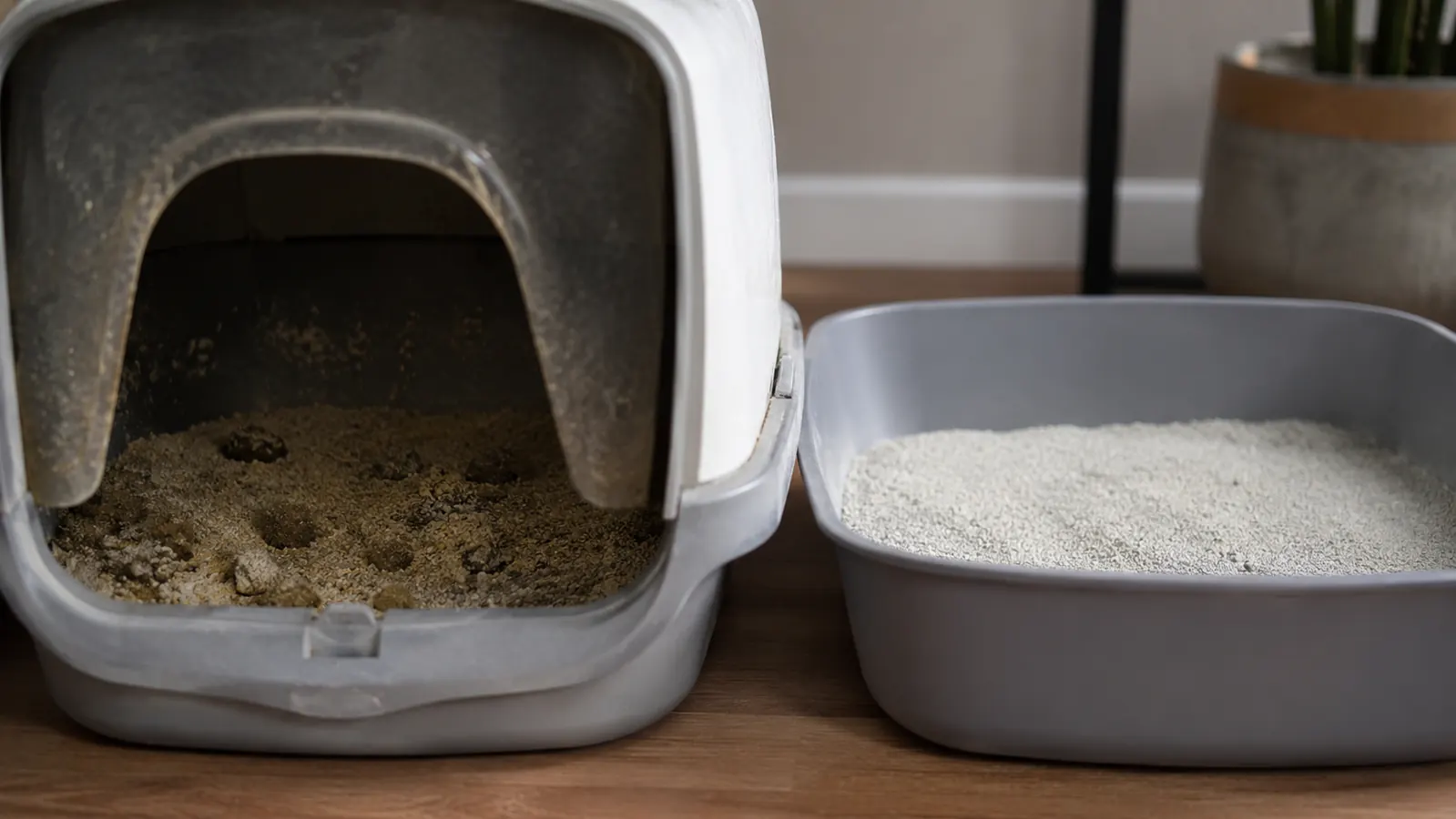 Cat using an open litter tray positioned in a corner, no hood, natural light from nearby window